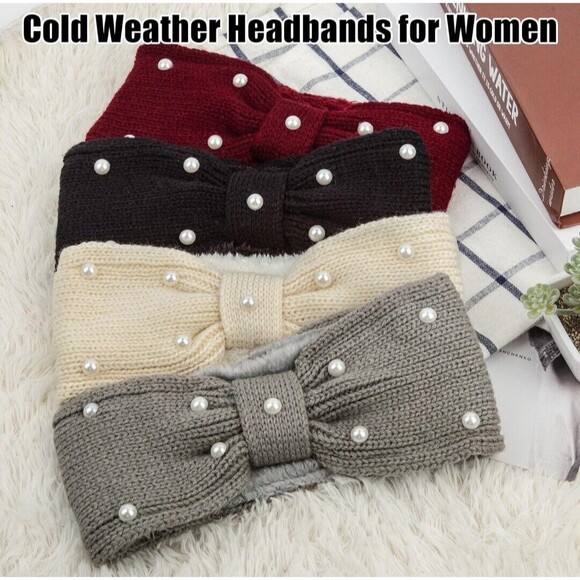 4 Pcs Winter Plush Fleece Knit Headbands for Women Elastic Bow Pearl Headwear - Picture 1 of 5